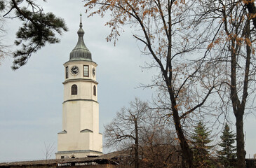 The clock tower in Kalemagdan Park near Belgrade Fortress in Belgrade, Serbia. The tower is part of the Clock Gate and Baroque Gate complex. Kalemagden is a large park in central Belgrade.