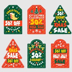 Collection of Six Cute and Cheerful Merry Christmas and Happy New Year Sales Tags for Product Promotion - Vector Illustration on Gray Background - Printable and Editable
