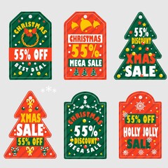 Collection of Six Cute and Cheerful Merry Christmas and Happy New Year Sales Tags for Product Promotion - Vector Illustration on Gray Background - Printable and Editable
