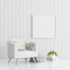 Mock up poster on white wall. White Living room interior design with armchair and decorative plant in vase 3d render 3d illustration