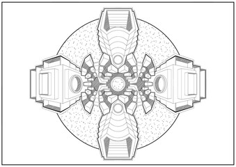 Sci-fi cosmic abstraction, symmetric, similar space station, spaceship or building in perspective, with hatches and round windows, consists of simple geometric shapes, line art, graphic with hatching.