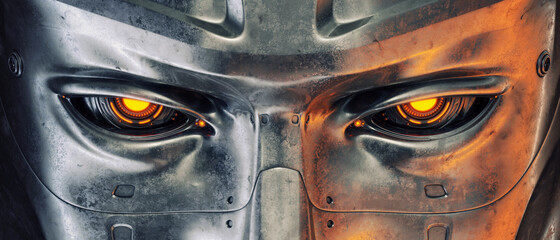 Steel robotic eyes, 100% sci-fi vision implants, 3d rendering  - obrazy, fototapety, plakaty