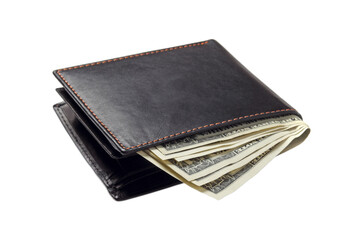Black leather wallet with US banknote isolated on white.