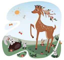 Easter bunnies, colorful butterflies and cute deer. Children's illustration.