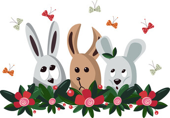 Easter bunnies and colorful butterflies. Children's vector illustration. Hand drawn characters.
