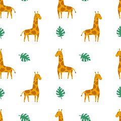 Obraz premium Tropical cute seamless pattern with wild animal giraffe and tropic leaves. Scandinavian style. Vector illustration