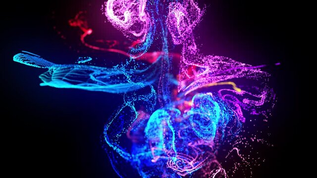 injection of fluorescent ink in water in 4k. 3d render of glow particles in ink flow. Interaction of two colliding flows. Luma matte as alpha channel. Shiny ink effect advection. 23