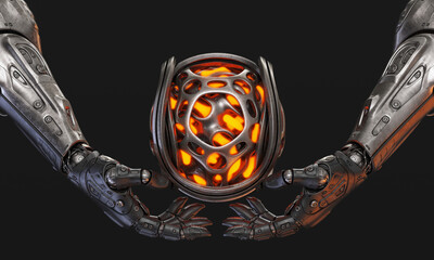 Robotic arms showing mystical glowing sphere for fortune telling. 3d rendering on dark background