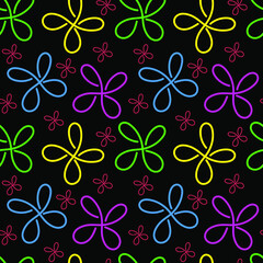 Abstract multicolored flowers background on black, seamless pattern, vector