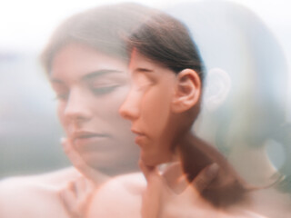 Art portrait. Mind tranquility. Sensual peaceful woman face blur silhouette double exposure....