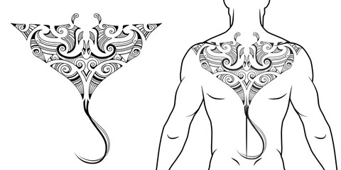 Maori tribal style tattoo pattern with manta ray fit for a back, chest. With example on body. For tattoo studio catalog. - obrazy, fototapety, plakaty