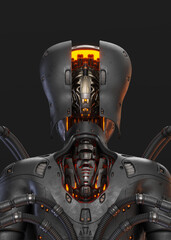 Steel robotic cyborg backwards with opened head,  revealing illuminated robotic brain, 3d rendering on dark background