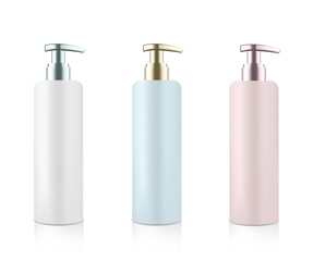 Realistic sanitizer or liquid soap mock up bottle set. Vector illustration