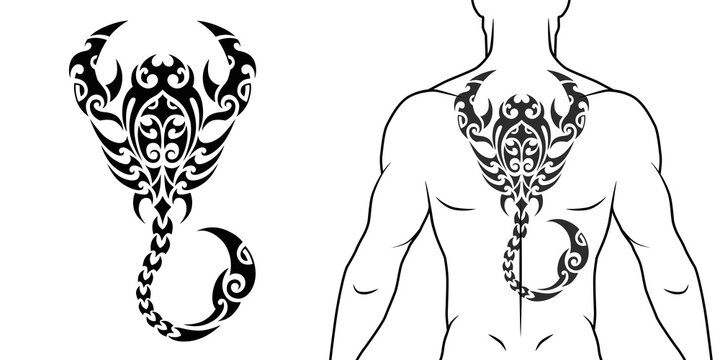 Maori tribal style tattoo pattern with scorpio fit for a back, chest. With example on body. For tattoo studio catalog.