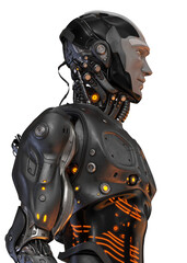 Futuristic handsome robot man in profile. 3d rendering of stylish steel cyborg on white background
