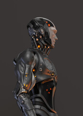 Futuristic handsome robot man in profile. 3d rendering of stylish steel cyborg on dark background
