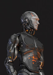 Futuristic handsome robot man in profile. 3d rendering of stylish steel cyborg on dark background
