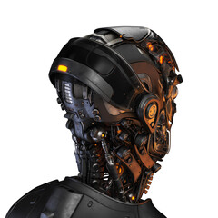 Sci-fi handsome cyborg head backwards / Futuristic man 3d rendering on white background