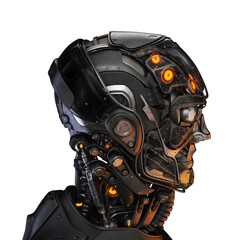 Semi-transparent handsome cyborg head in profile / Futuristic man 3d rendering on white background