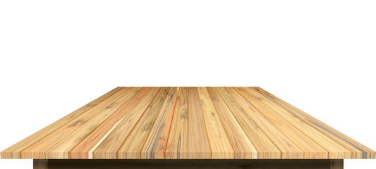 Teak wood table top plank perspective isolated on white background empty rustic wood table for...