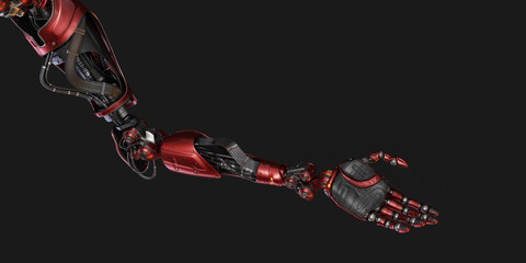 Prosthetic red robotic arm, 3d rendering in opened palm position on black background