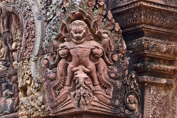 Stone carvings at Banteay Srei temple area of Angkor in Siem Reap, Cambodia