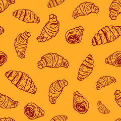 Red croissant icon isolated seamless pattern on brown background. Vector