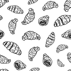 Black croissant graphical sketch isolated seamless pattern on brown background. Vector