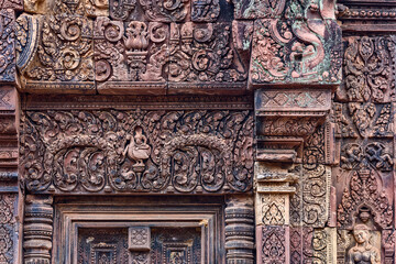 god Indra on his triple elephant Airavana in Banteay Srei, Siem Reap, Cambodia