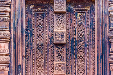 Blind door and balusters Banteay Srei temple in Angkor, Siem Reap, Cambodia