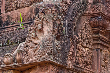 Stone carvings and naga sculpture at Banteay Srei temple at Angkor in Siem Reap, Cambodia