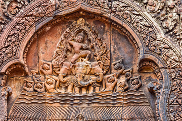 Fototapeta na wymiar pediment shows the burning of Khandava Forest in Banteay Srei temple area of Angkor in Siem Reap, Cambodia