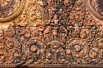A gopura pediment is from the temple of Banteay Srei in Angkor, Siem Reap, Cambodia