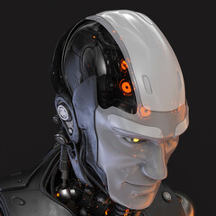 Semi-transparent handsome cyborg head in profile / Futuristic man 3d rendering on dark background looking down