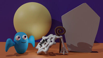 The 3D picture illustration of a blue ghost and a spider in the Halloween night background.