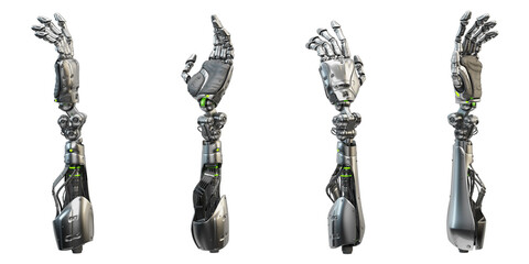 Artificial sci-fi robotic arm prosthesis 3d rendering in 4 angles