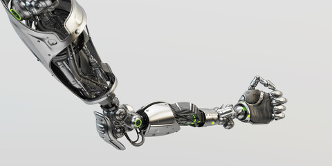 Steel futuristic robotic arm with flipping gesture, 3d rendering