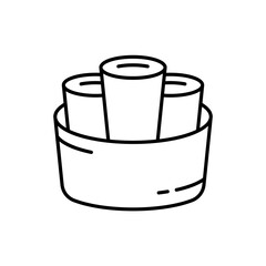 Thai Rolled Ice Cream. Linear icon of stir-fried ice cream. Black simple illustration of three dessert rolls in round basket. Contour isolated vector logo on white background