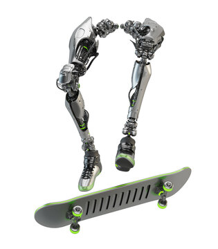 Robotic legs on skateboard, doing skate feints, 3d rendering on light background