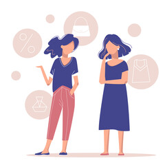 Two young women talking about sales and shopping. Vector cartoon people. Fashion girls.