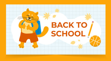 Vector illustration of red cat with schoolbag, ball and pencil and autumn leaves. Back to school concept. Kids illustration. School, college banner or flyer. Student or pupil card concept