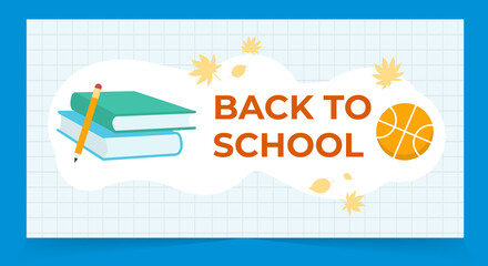 Vector illustration of red cat with schoolbag, ball, pencil and autumn leaves. Back to school concept. Kids illustration. School, college banner or flyer. Student or pupil card concept