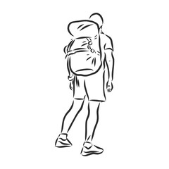 Sketch of man trekking with big backpack Hand drawn vector illustration