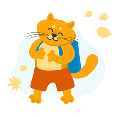 Vector illustration of red cat with schoolbag and autumn leaves going to school. Back to school concept. Kids illustration. School, college banner or flyer. Student or pupil card concept