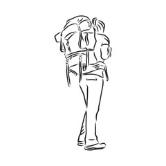 Sketch of man trekking with big backpack Hand drawn vector illustration