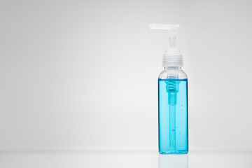 Alcohol gel with isolated white background. Alcohol gel with copy space. Hand sanitizer gel for clean and against the corona virus, covid-19, bacteria. Hand sanitizer in pump bottle. Hand cleanser.