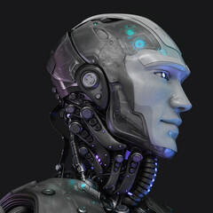 Semi-transparent handsome cyborg head in profile / Futuristic man 3d rendering on dark background