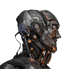 Semi-transparent handsome cyborg head in profile / Futuristic man 3d rendering on white background