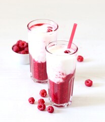 Milk berry refreshing drink, cocktail with ice cream, fresh raspberries in a glass on a white background
