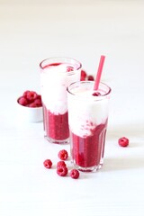Milk berry refreshing drink, cocktail with ice cream, fresh raspberries in a glass on a white background